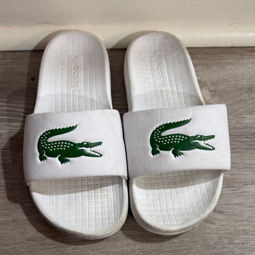 Lacoste White Slides with Green Logo